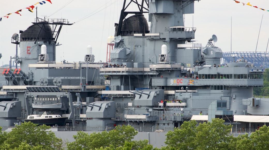 Battleship New Jersey which includes a marina and military items