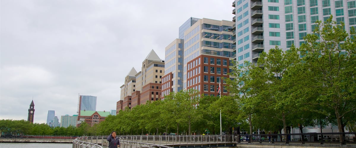 Pier A Park showing a river or creek, street scenes and a city