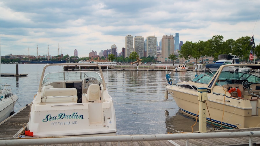 Wiggins Park and Marina which includes a bay or harbor and a city