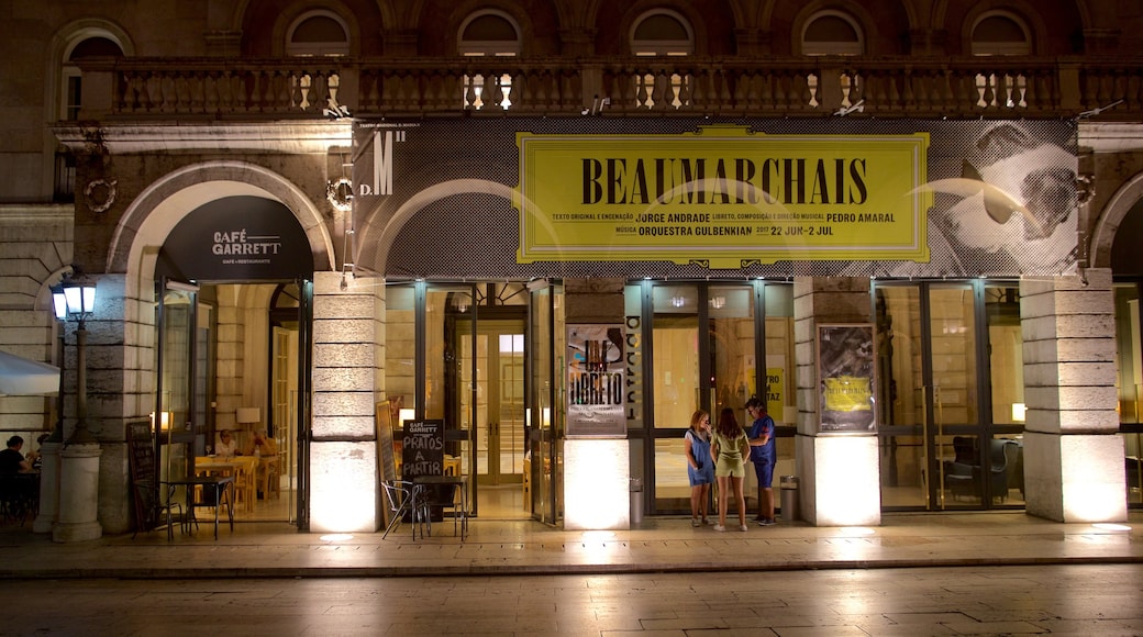 National Theatre of D. Maria II which includes signage and night scenes