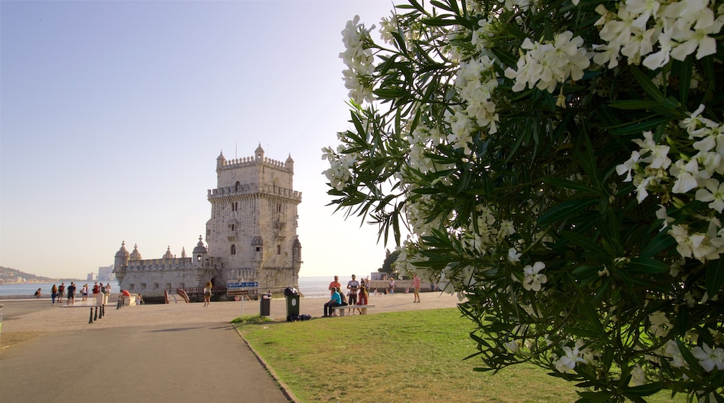 Torre de Belem som inkluderar historisk arkitektur, blommor och kustutsikter