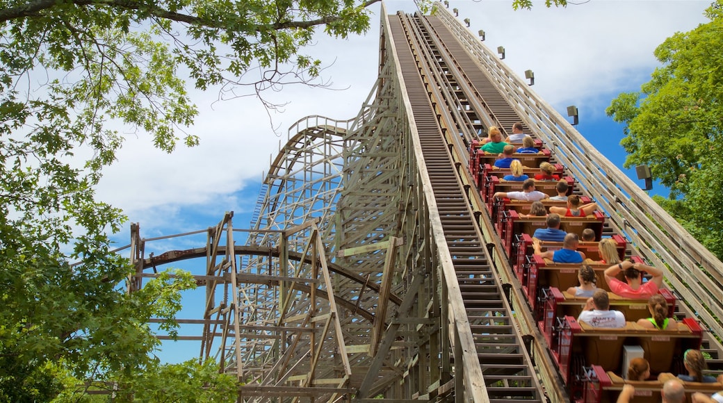 Silver Dollar City showing rides as well as a small group of people