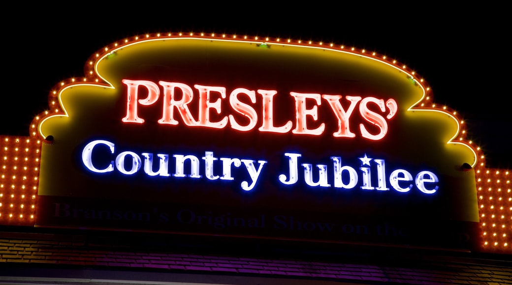 Presley\'s Country Jubilee Theater which includes night scenes and signage