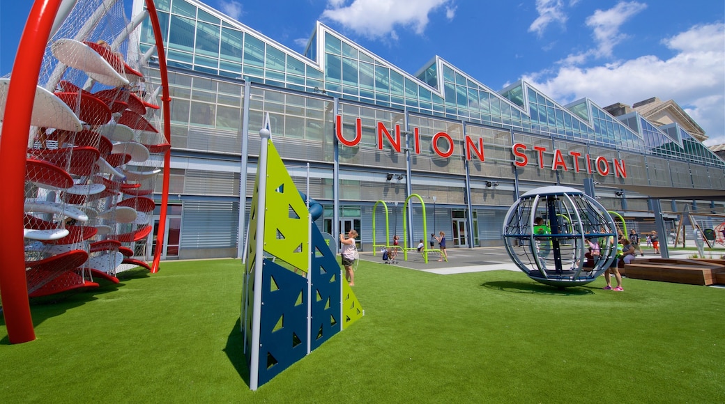 Science City at Union Station showing signage, a playground and outdoor art