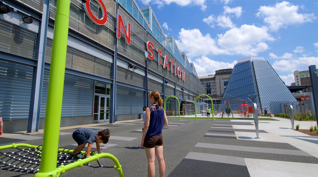 Science City at Union Station featuring a park, signage and a playground