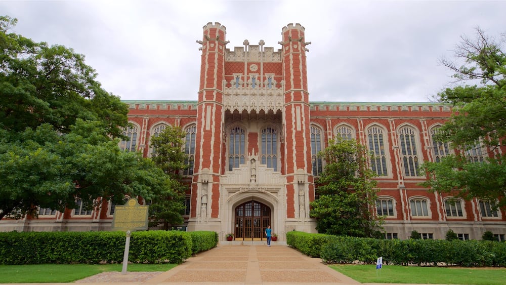 Bizzell Library showing heritage architecture and a garden