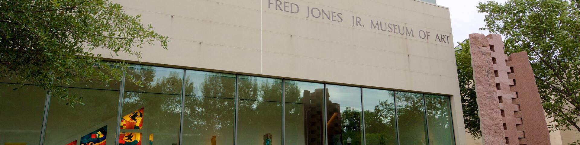 Fred Jones Jr. Museum of Art which includes outdoor art, a park and signage