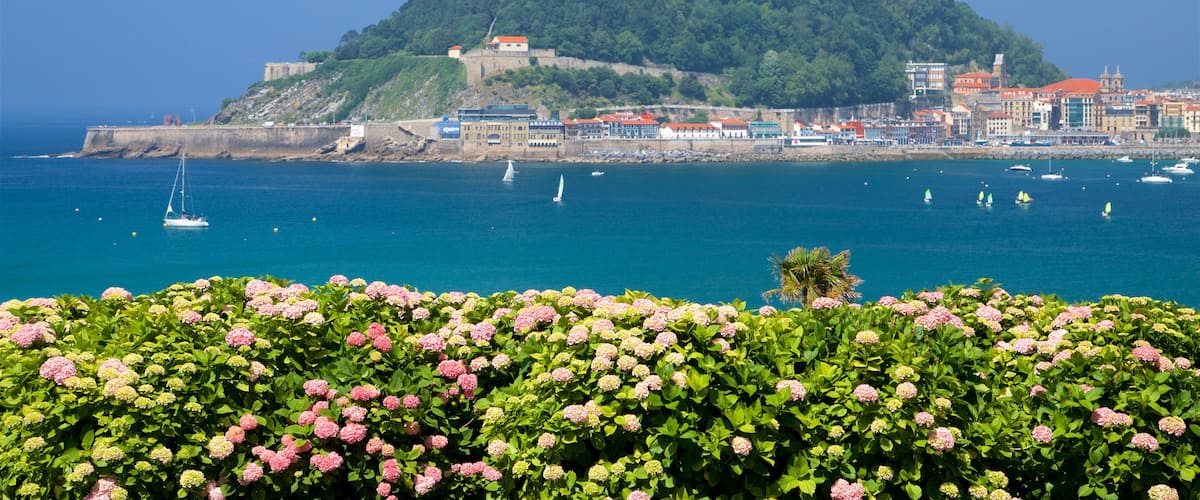 Palacio de Miramar mostrando una localidad costera, vistas de una costa y flores