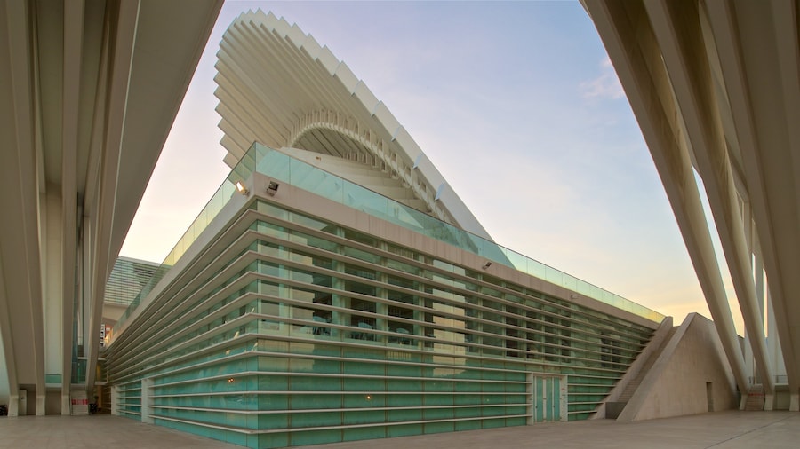 Palacio de Exposiciones y Congresos presenterar modern arkitektur, en stad och en solnedgång