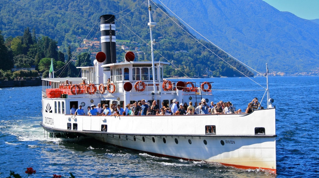 Como ofreciendo un lago o espejo de agua y un ferry y también un gran grupo de personas