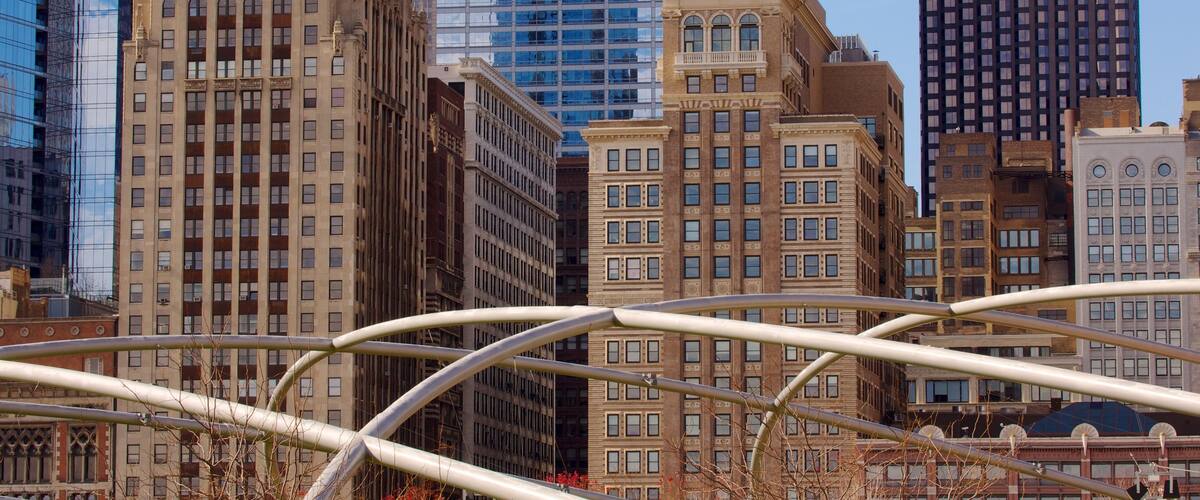Millennium Park showing a city, a skyscraper and central business district