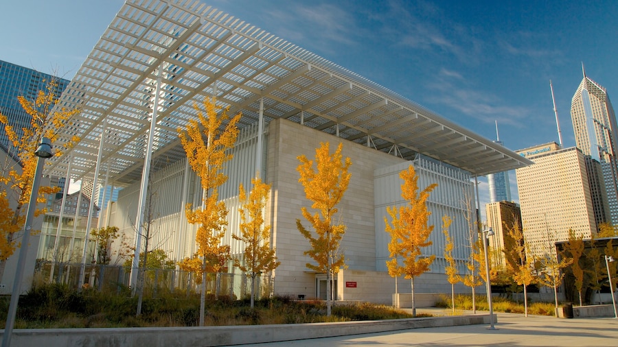 Modern architectural structure surrounded by autumn trees in Millennium Park, Chicago.