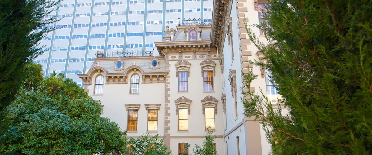 Leland Stanford Mansion State Historic Park showing a park, a house and a city