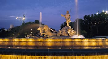 Madrid som visar ett torg, nattliv och en staty eller skulptur