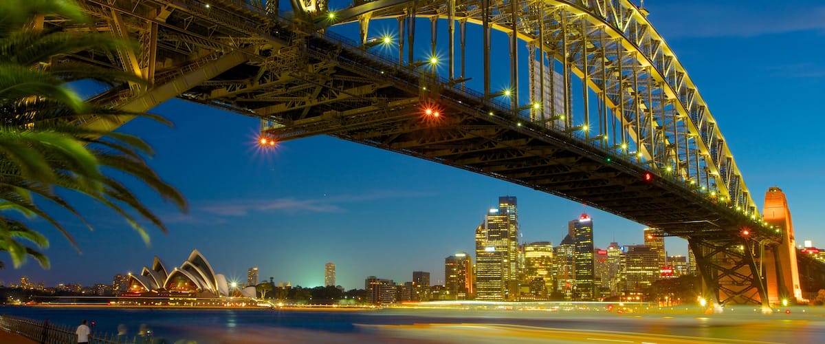 Sydney which includes a city, night scenes and modern architecture