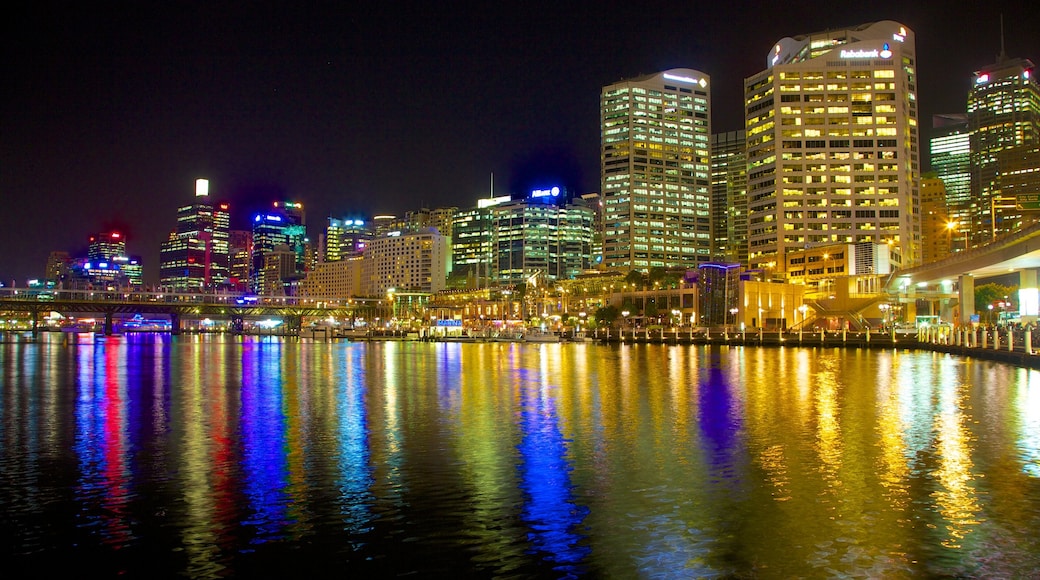 Sydney which includes a bay or harbour, night scenes and a city