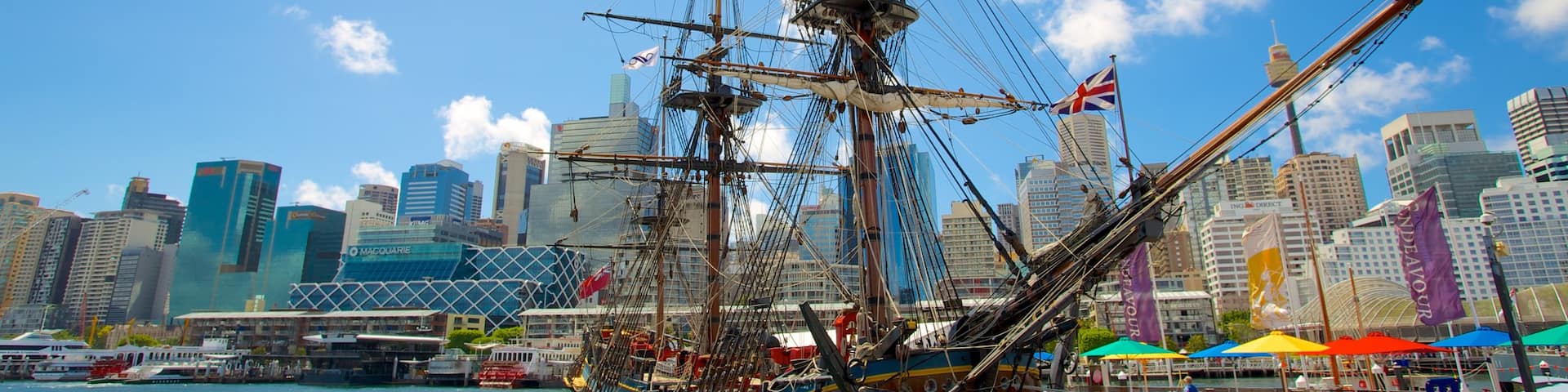 Darling Harbour featuring a marina, a city and skyline