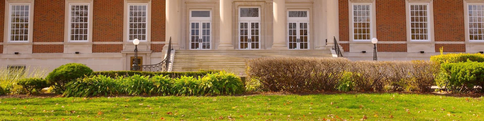 Autumn leaves frame historic building in Lincoln Park Chicago