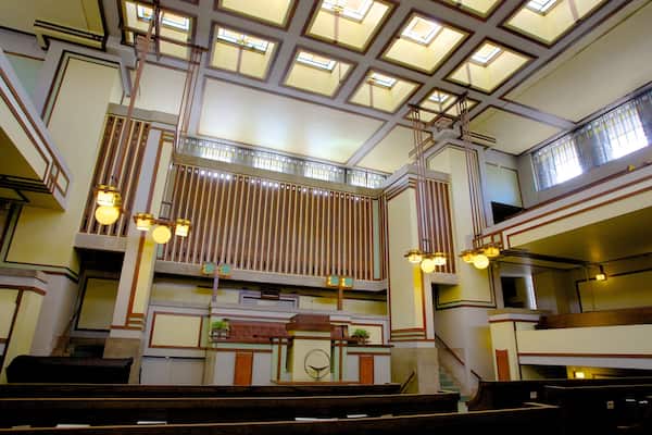Unity Temple featuring interior views, religious aspects and a city