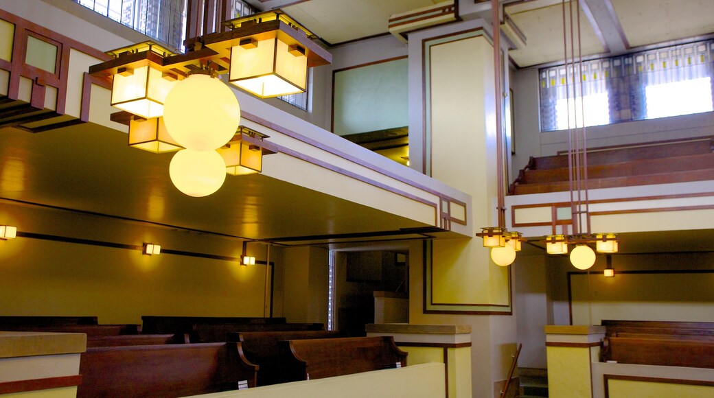 Unity Temple showing a temple or place of worship, religious elements and interior views