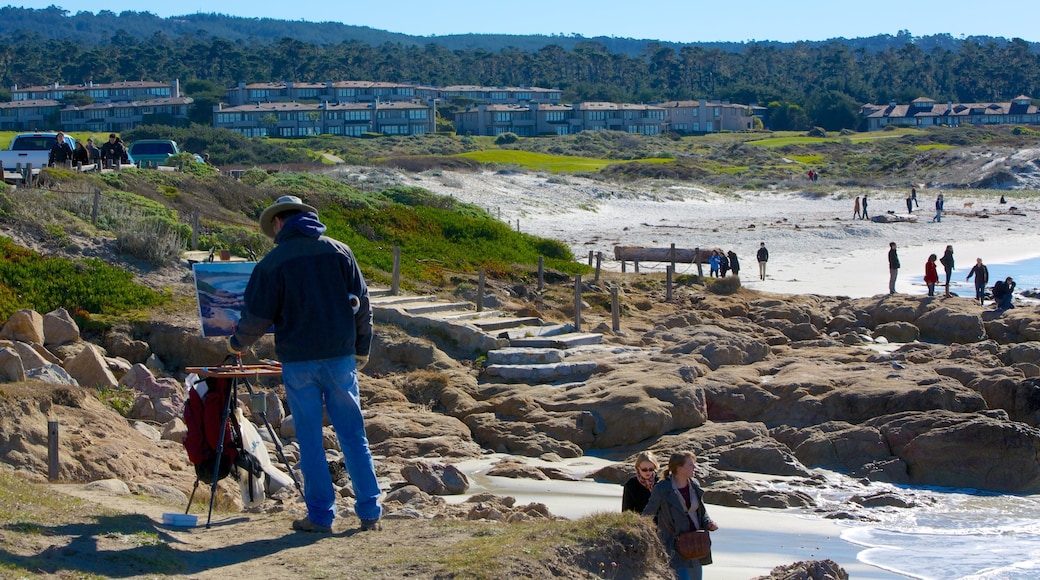 Asilomar State Beach showing rocky coastline, a small town or village and landscape views