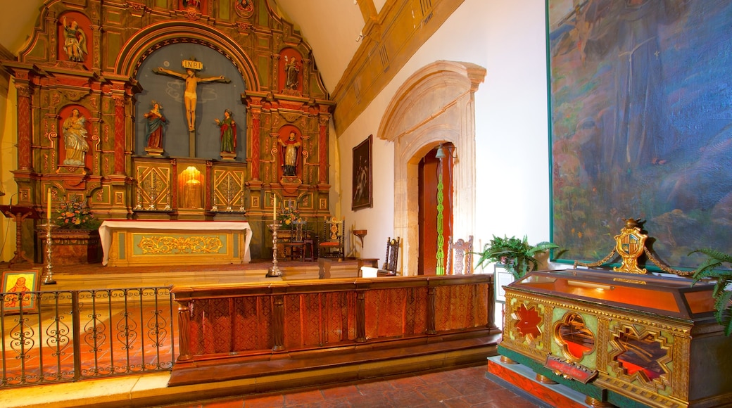 Carmel Mission which includes interior views, religious aspects and a church or cathedral