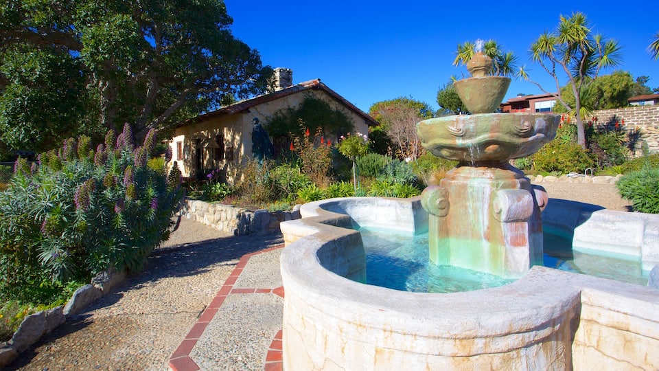 Carmel Mission Basilica showing heritage architecture, a fountain and skyline