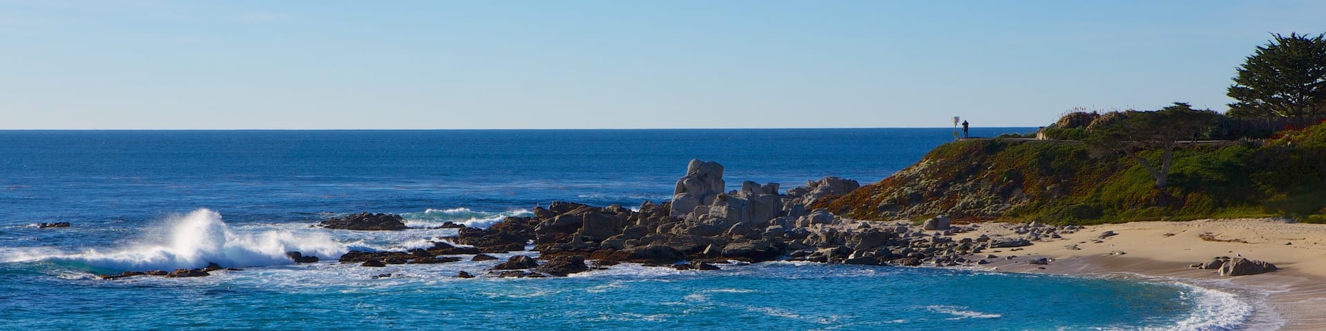 Carmel Beach which includes a beach and landscape views as well as an individual femail