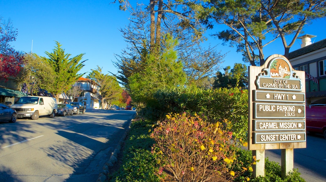 Carmel featuring signage, street scenes and a small town or village