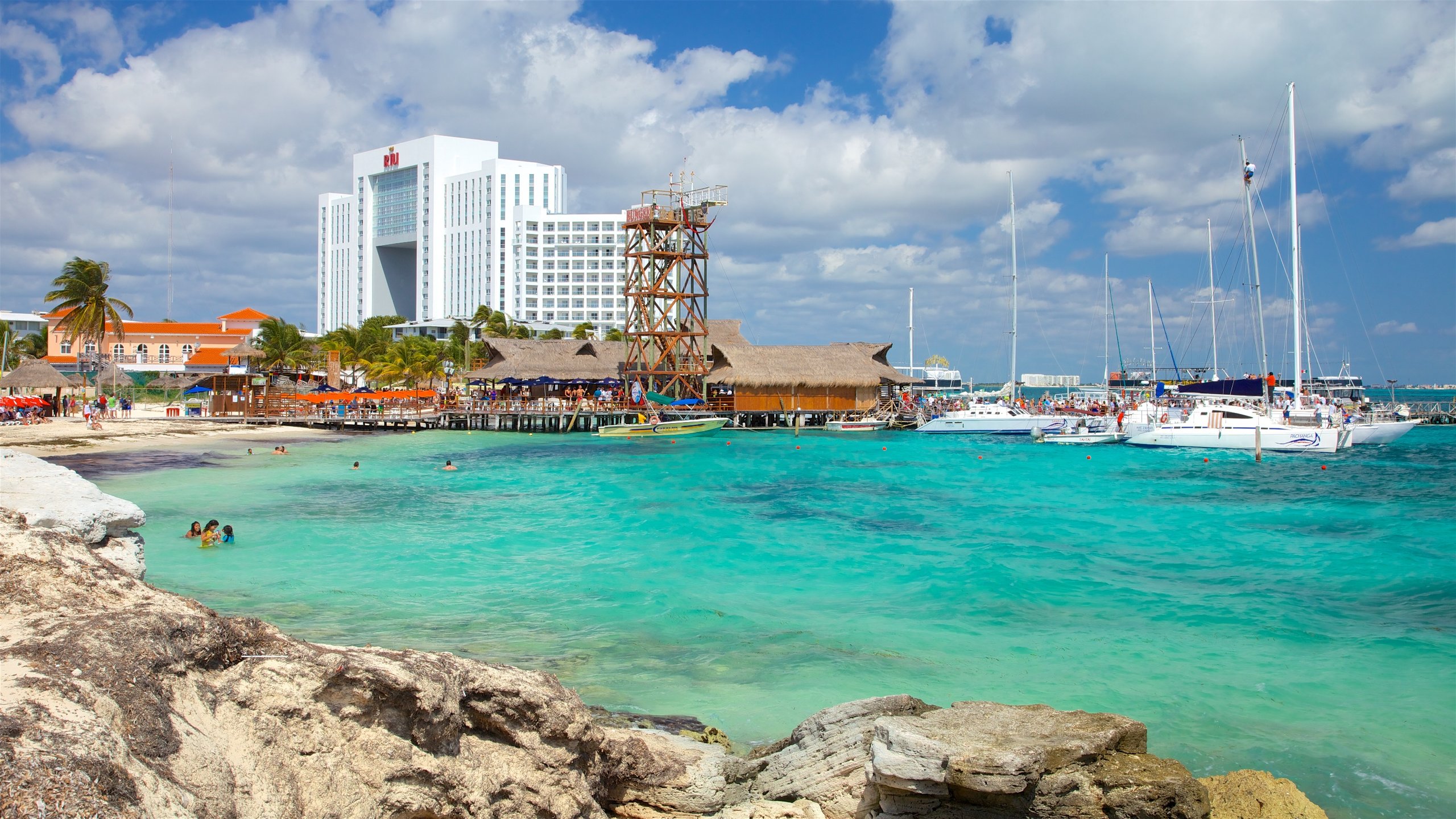 Tortuga Beach which includes general coastal views, a coastal town and a bay or harbour