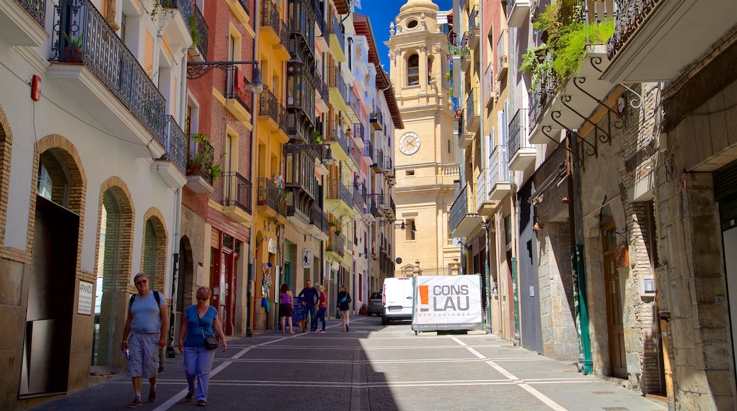 Pamplona Cathedral showing heritage elements and street scenes as well as a couple