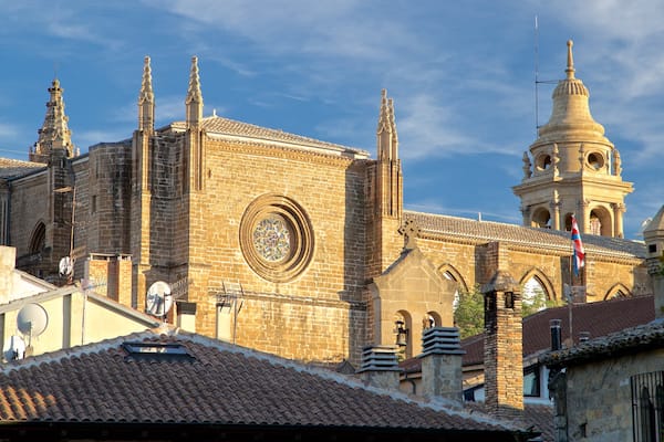 Pamplonas katedral som inkluderar en stad, historisk arkitektur och historiska element