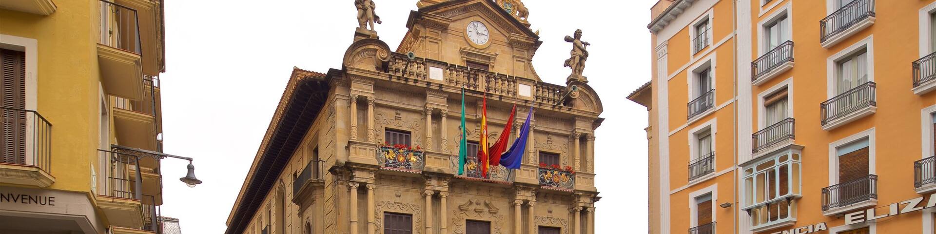 Pamplona City Hall showing street scenes and heritage architecture as well as a couple