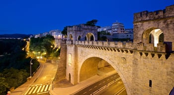 Pamplona\'s City Walls and Interpretation Centre featuring a bridge, night scenes and heritage architecture