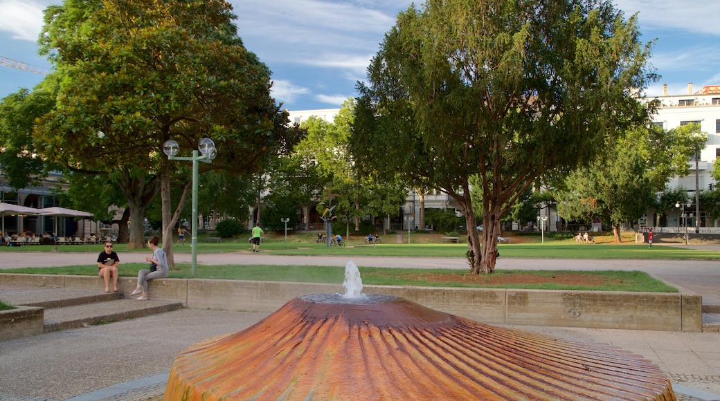 Kochbrunnen showing a park and a fountain as well as a couple