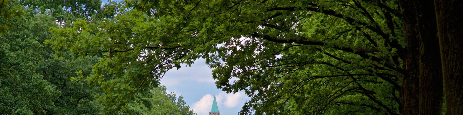 Staatspark Karlsaue mit einem Fluss oder Bach, Garten und historische Architektur