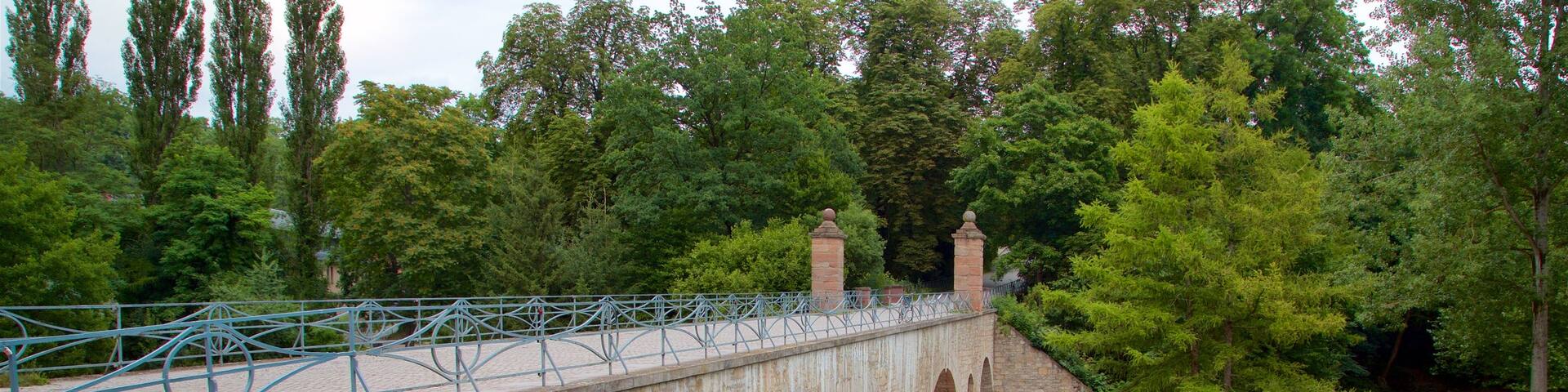 Park an der Ilm showing a garden, a river or creek and a bridge