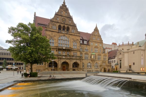 Ancien hĂŽtel de ville montrant patrimoine architectural et fontaine