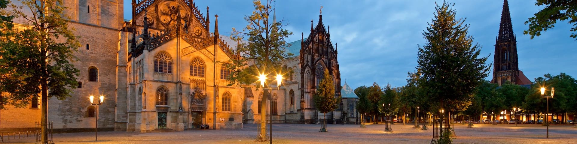 Muenster Cathedral which includes a square or plaza, a church or cathedral and night scenes