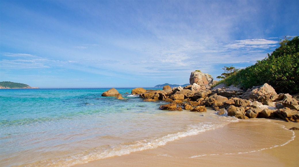 Praia de Lopes Mendes mostrando litoral acidentado, cenas tropicais e uma praia de areia