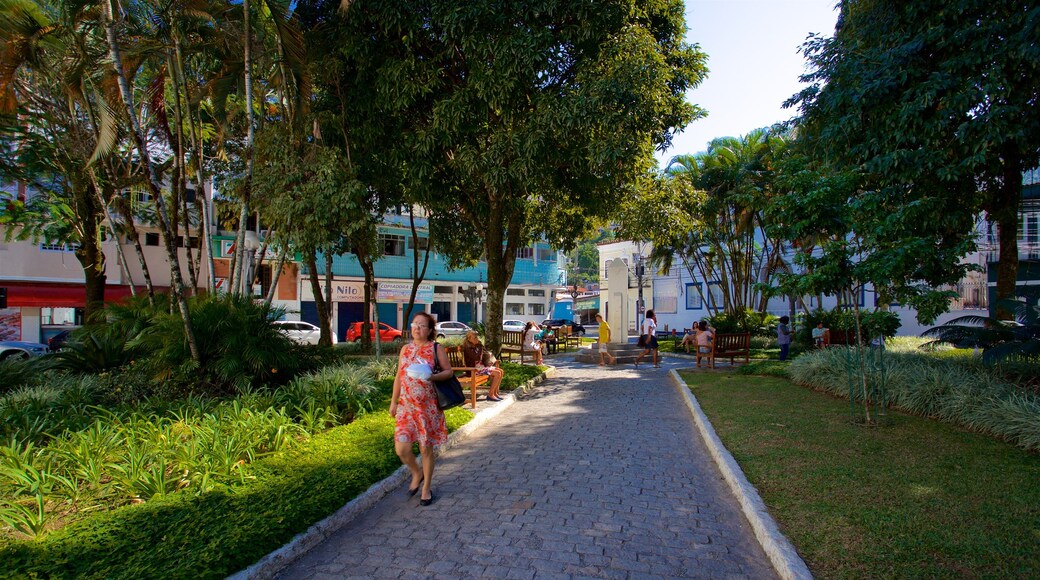 Praça Nilo Peçanha que inclui um parque assim como uma mulher sozinha