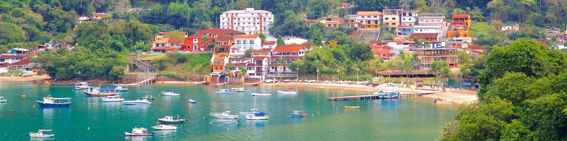 Camorim Beach showing a coastal town, a bay or harbor and general coastal views