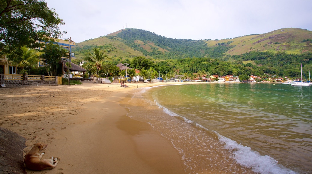 Biscaia Beach which includes a coastal town, a sandy beach and general coastal views