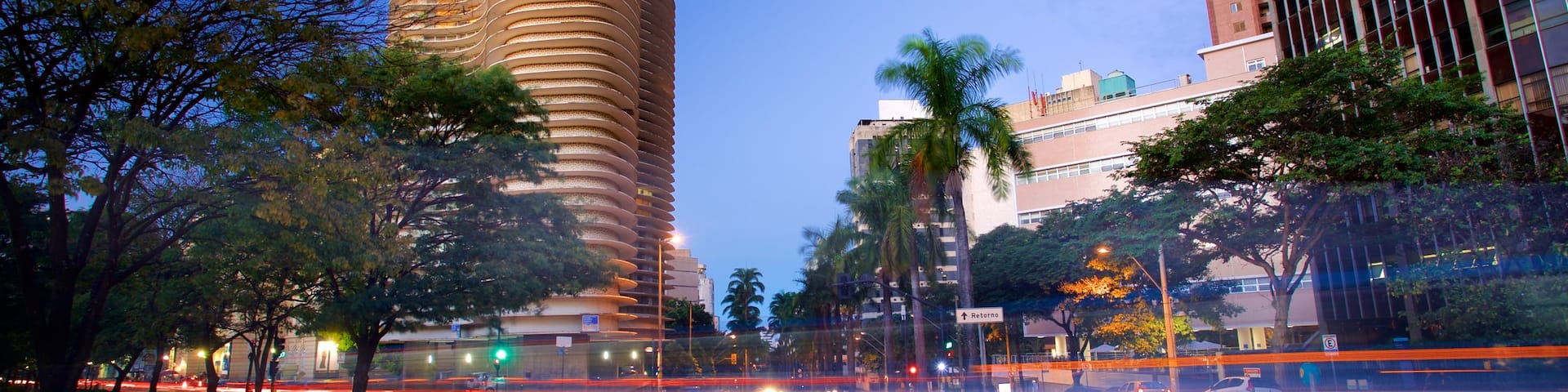 Niemeyer Building showing a skyscraper, a city and night scenes