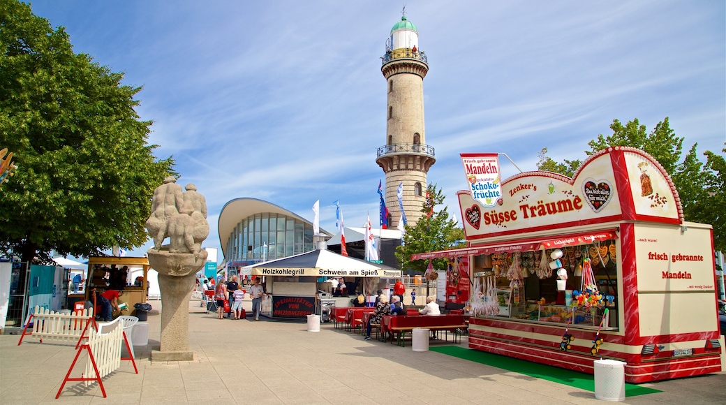 Warnemünde fyrtårn som viser fyrtårn og marked