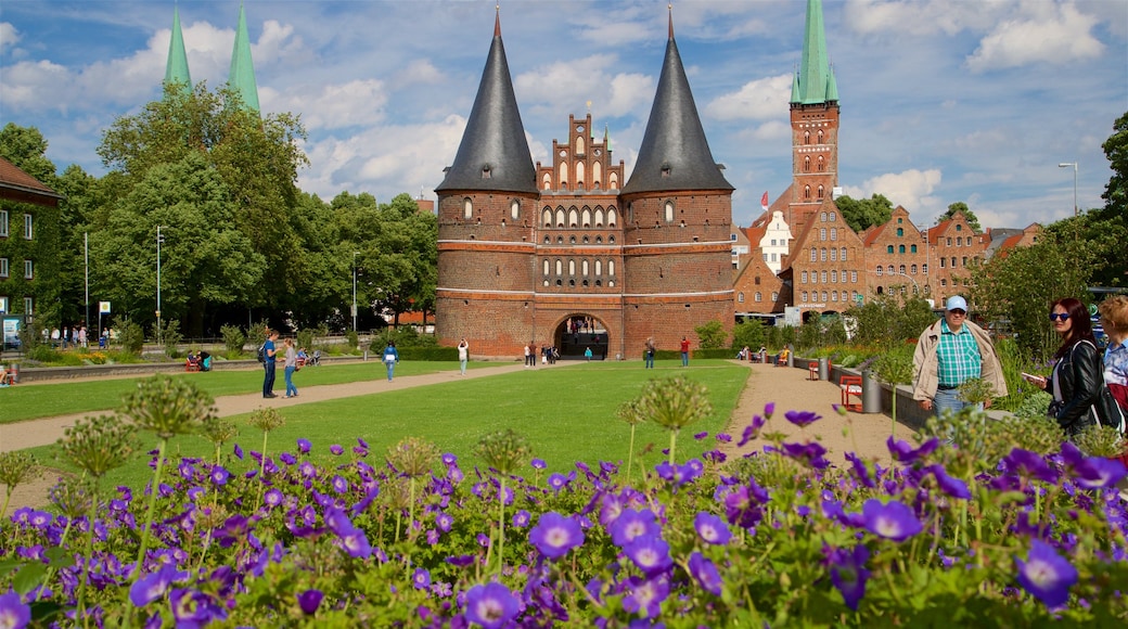 Museo della Holstentor caratteristiche di architettura d\'epoca e fiori di campo cosi come un piccolo gruppo di persone