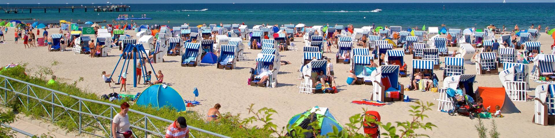 Kuehlungsborn Beach featuring general coastal views and a sandy beach as well as a large group of people