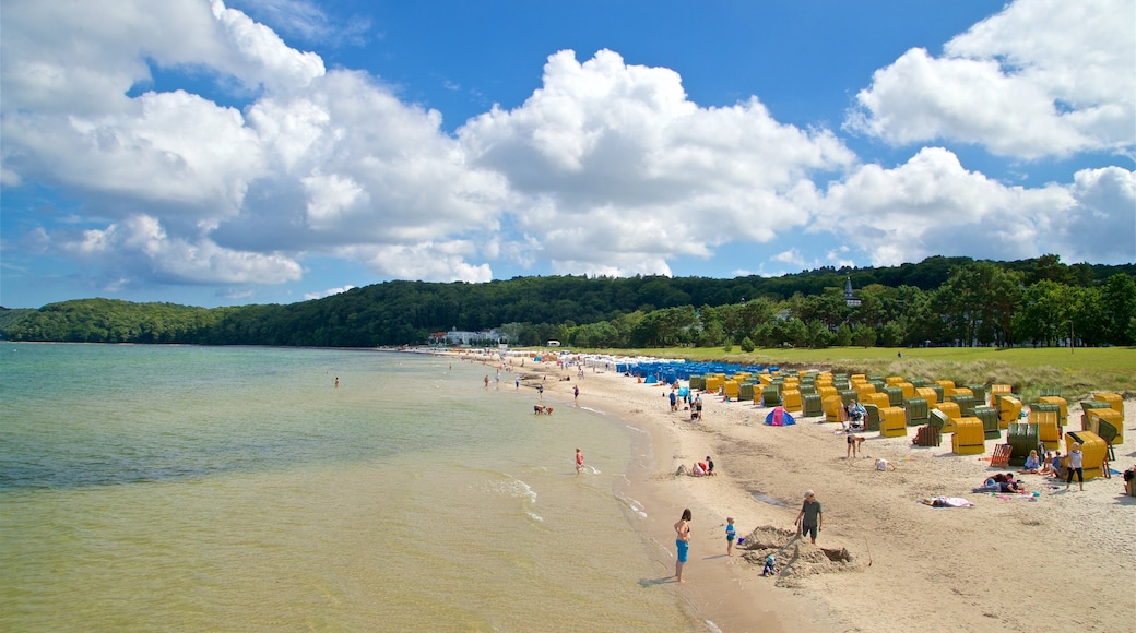 Binz strand som inkluderar kustutsikter och en sandstrand såväl som en liten grupp av människor