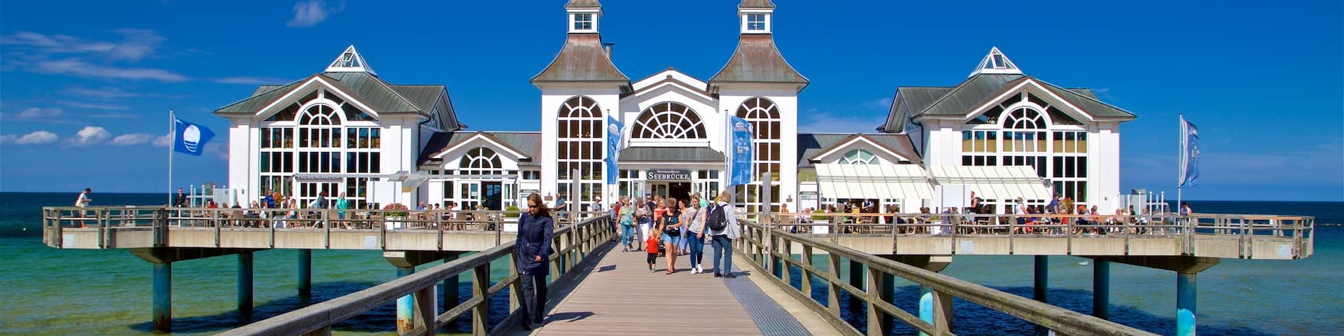 Sellin Pier which includes a beach and general coastal views as well as a small group of people