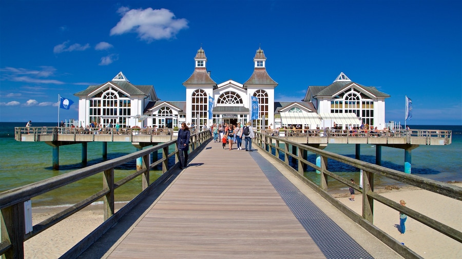 Sellin Pier showing general coastal views and a beach as well as a small group of people